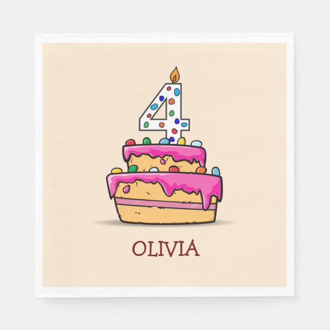 Girl 4th Birthday, 4 on Sweet Pink Cake Napkins (Front)