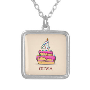 Girl 4th Birthday, 4 on Sweet Pink Cake Silver Plated Necklace