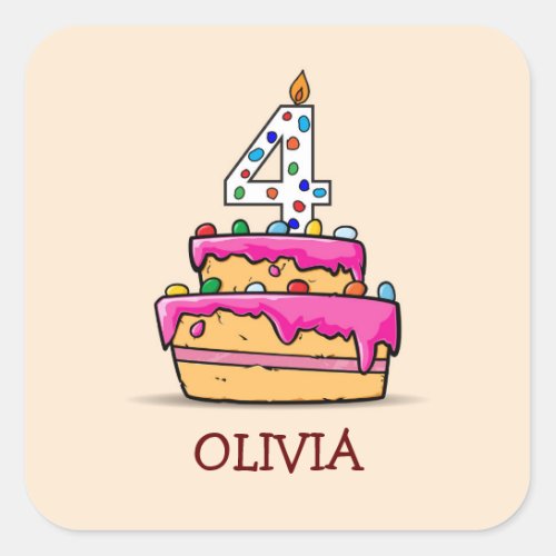 Girl 4th Birthday 4 on Sweet Pink Cake Square Sticker