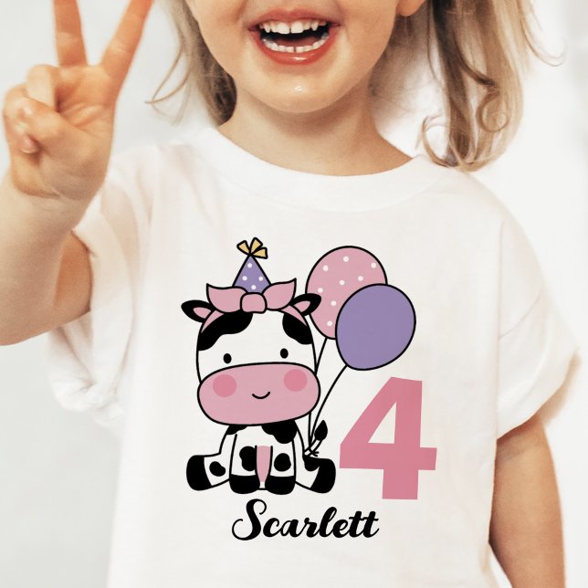 Girl 4th Birthday Cute Cow Pink Personalized Baby T-Shirt (Creator Uploaded)