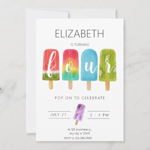 Girl 4th Birthday Popsicle Summer Party Invitation