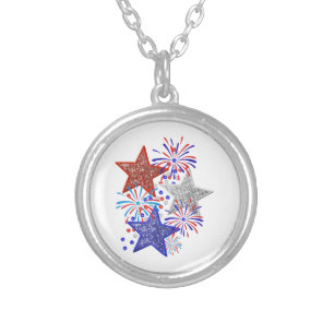 Girl 4th of July Women Red White Blue Star America Silver Plated Necklace