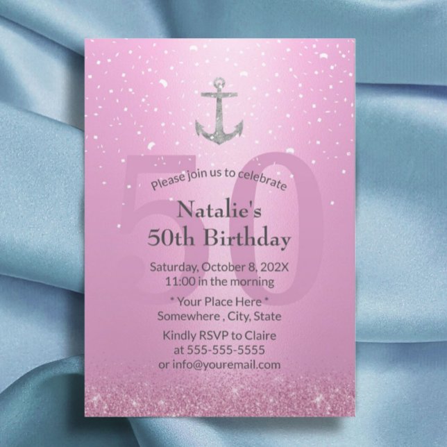 Girl 50th Birthday Party Pink & Silver Anchor Invitation (Creator Uploaded)