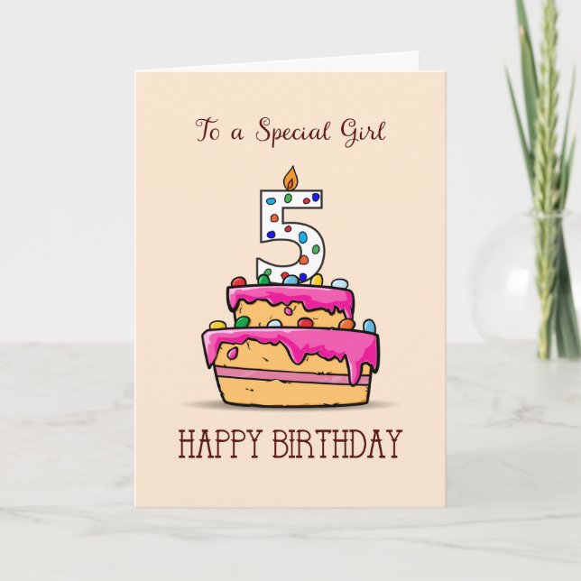 Girl 5th Birthday, 5 on Sweet Pink Cake Card (Front)