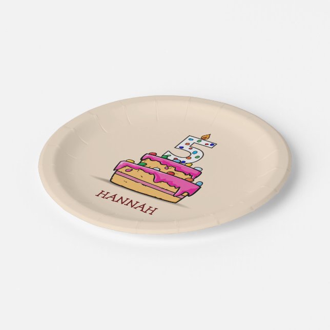 Girl 5th Birthday, 5 on Sweet Pink Cake Paper Plates (Angled)