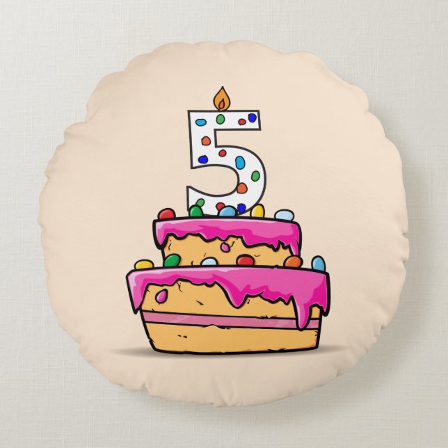 Girl 5th Birthday, 5 on Sweet Pink Cake Round Pillow (Front)