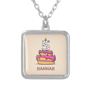 Girl 5th Birthday, 5 on Sweet Pink Cake Silver Plated Necklace