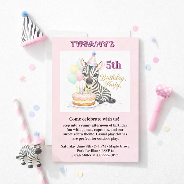 Girl 5th Birthday Party with Zebra Invitation (Creator Uploaded)