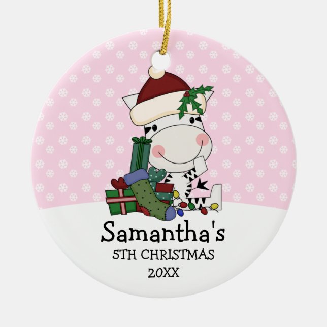 Girl 5th Christmas Santa Zebra Personalized Ceramic Ornament (Front)