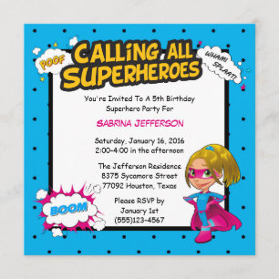 Girl 5x5 Comic Superhero Birthday Party Invitation