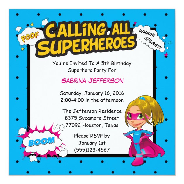 Girl 5x5 Comic Superhero Birthday Party Invitation