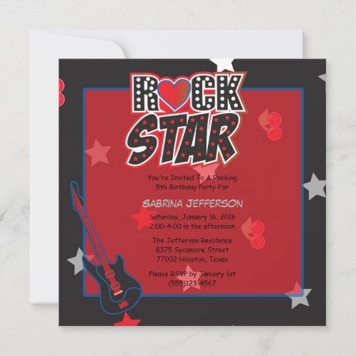 Girl 5x5 Red Rock Star Birthday Party Invitation