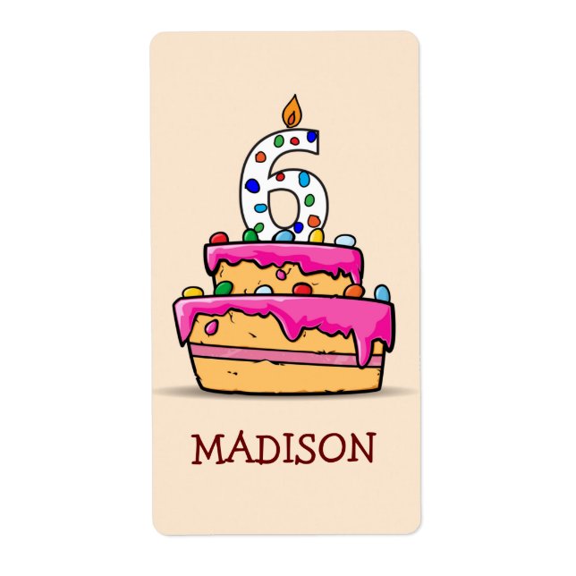 Girl 6th Birthday, 6 on Sweet Pink Cake Label (Front)