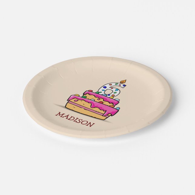 Girl 6th Birthday, 6 on Sweet Pink Cake Paper Plates (Angled)