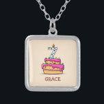 Girl 7th Birthday, 7 on Sweet Pink Cake Silver Plated Necklace<br><div class="desc">Sitting atop the sweet pink icing cake is a colorful number seven candle. This gift,  souvenir,  giveaway or party essential was meant to greet a special young girl who is turning 7 years old. Send her this as she celebrates her 7th birthday.</div>