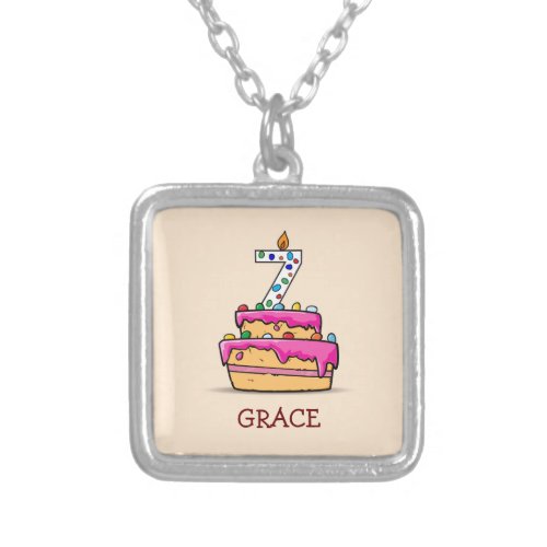 Girl 7th Birthday 7 on Sweet Pink Cake Silver Plated Necklace