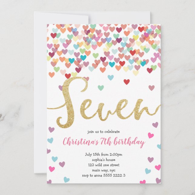 Girl 7th Birthday Hearts Confetti Rainbow Glitter Invitation (Front)