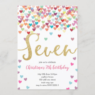 Girl 7th Birthday Hearts Confetti Rainbow Glitter Invitation