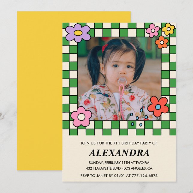 Girl 7th birthday invitations Retro Groovy Flowers (Front/Back)