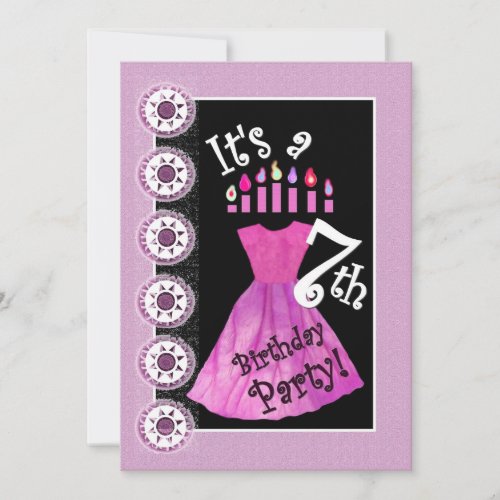 Girl 7th Birthday Party PINK Dress Template W1171 Custom Invitation