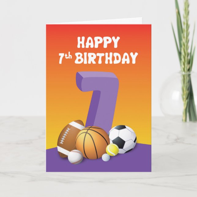 Girl 7th Birthday Sports Balls Card (Front)