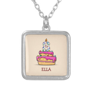 Girl 8th Birthday, 8 on Sweet Pink Cake Silver Plated Necklace