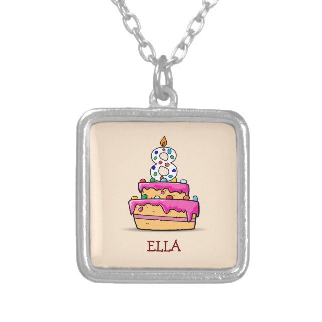 Girl 8th Birthday, 8 on Sweet Pink Cake Silver Plated Necklace (Front)