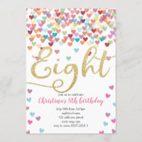 Girl 8th Birthday Hearts Confetti Rainbow Glitter