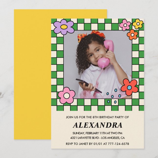 Girl 8th birthday invitations Retro Groovy Flowers (Front/Back)