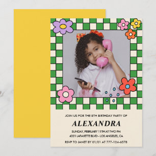 Girl 8th birthday invitations Retro Groovy Flowers