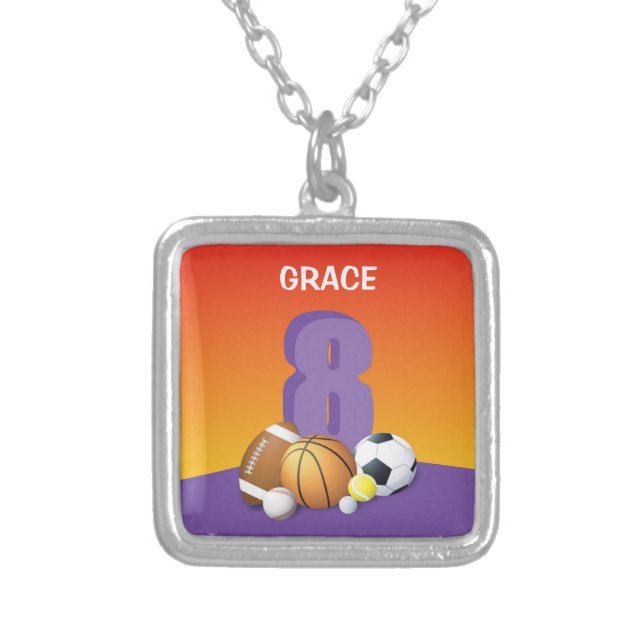 Girl 8th Birthday Sports Balls Silver Plated Necklace (Front)