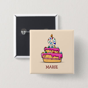 Girl 9th Birthday, 9 on Sweet Pink Cake Button