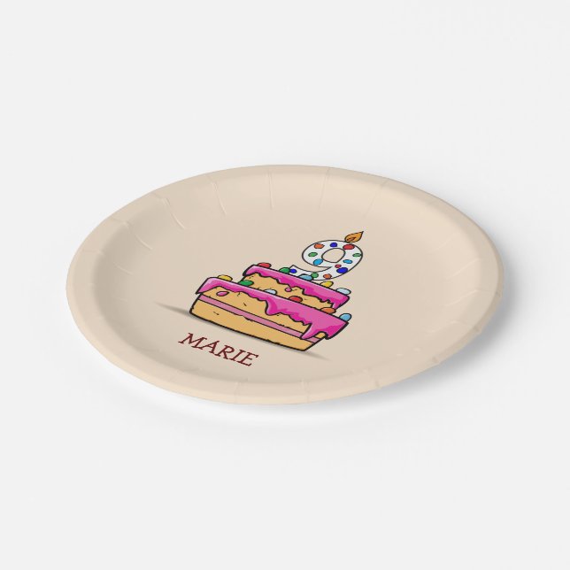 Girl 9th Birthday, 9 on Sweet Pink Cake Paper Plates (Angled)