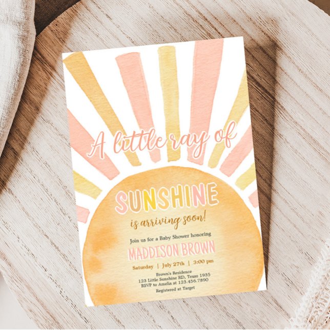 Girl A Little Ray of Sunshine Baby Shower Invitation (Pink Boho Sunshine Baby Shower Invitation )