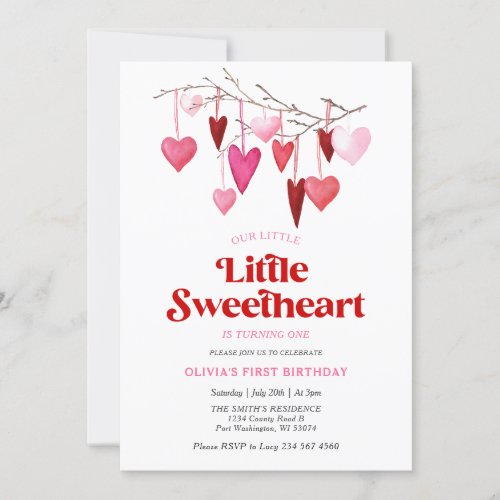 Girl A Little Sweetheart Valentine 1st Birthday  Invitation