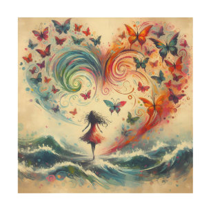Girl above ocean waves with Butterflies Wood Wall Art