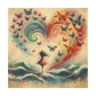 Girl above ocean waves with Butterflies Wood Wall Art