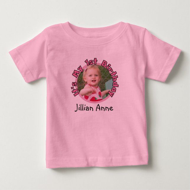 Girl Add Photo and Name 1st Birthday T-shirt (Front)