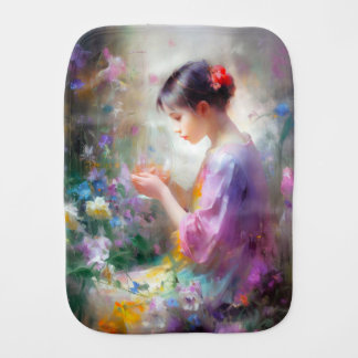 Girl admiring a flower in her hands baby burp cloth
