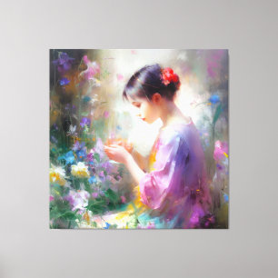 Girl admiring a flower in her hands canvas print