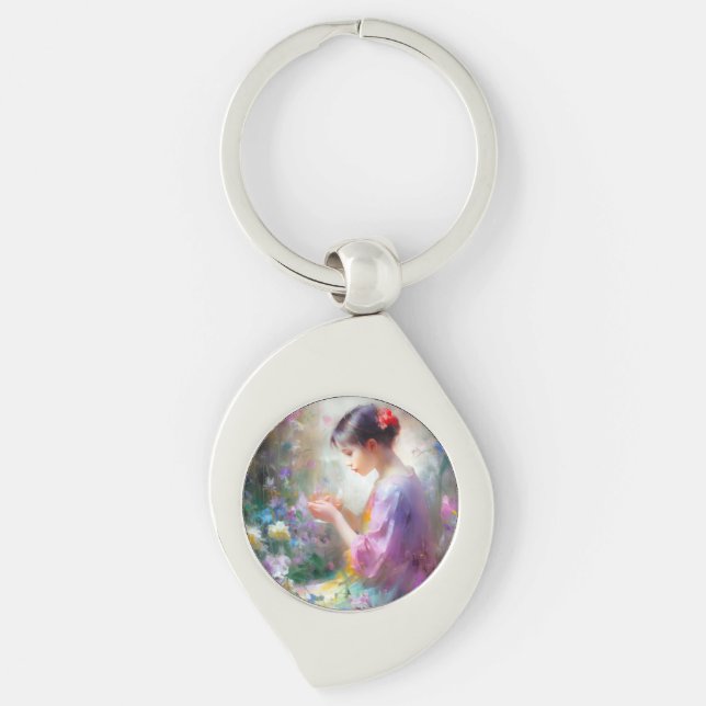 Girl admiring a flower in her hands  keychain (Front)