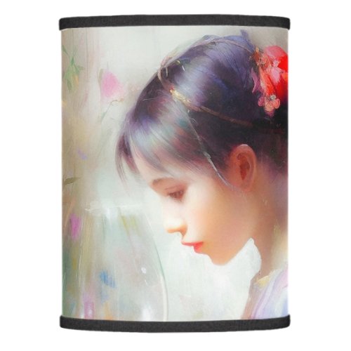 Girl admiring a flower in her hands  lamp shade