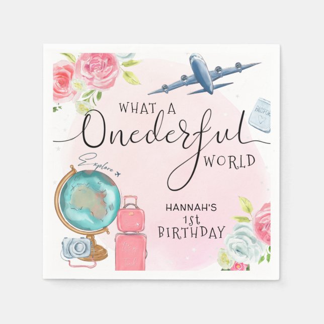 Girl Adventure ONEderful World 1st Birthday Napkins (Front)