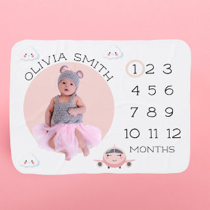 Girl Airplane Clouds Baby Milestone Cute Pink Grey Blanket