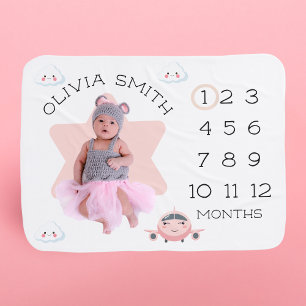 Girl Airplane Clouds Baby Milestone Cute Plaid Baby Blanket