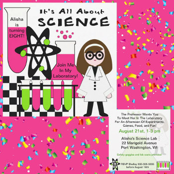 Girl All About Science Birthday Party Invitation by kids_birthdays at Zazzle