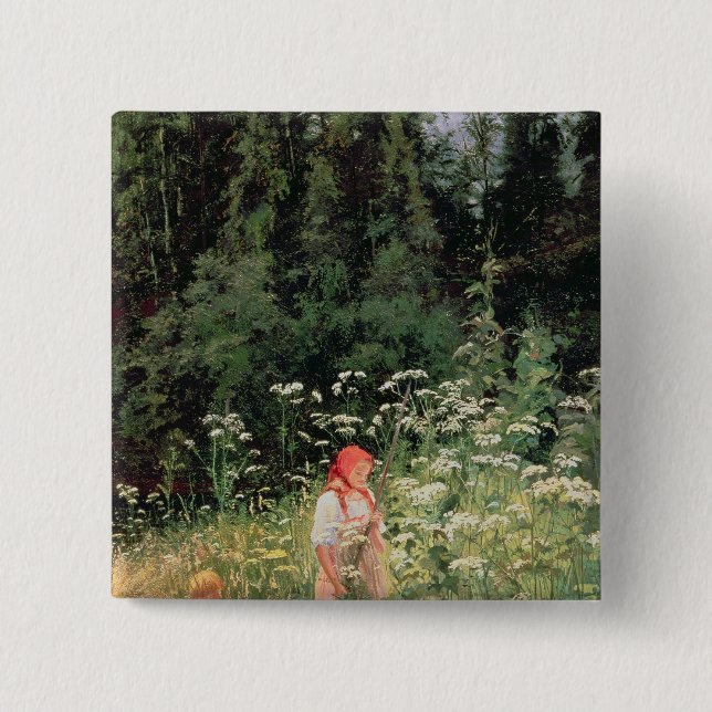 Girl among the wild flowers, 1880 button (Front)