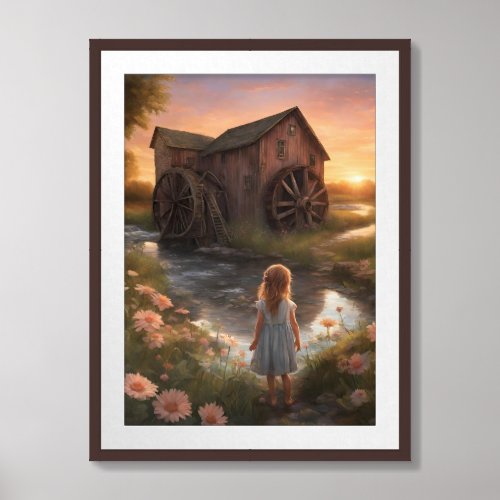 Girl and a Mill at Sunset Framed Art