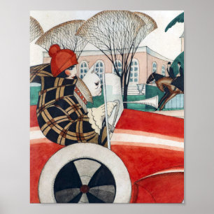 Girl and a Pug Dog in a Red Automobile Poster