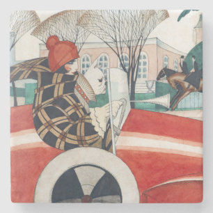Girl and a Pug Dog in a Red Automobile Stone Coaster